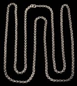 A silver long guard chain: of belcher linking approximately 148cm long, 101gms gross weight.
