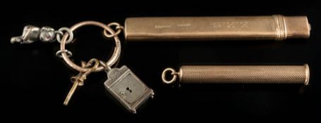 A 9ct gold 'Asprey' propelling pencil with attached charms and a 9ct gold toothpick.
