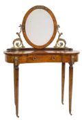 A French burr walnut, inlaid and gilt metal mounted dressing table:, of kidney-shaped outline,