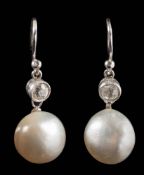 A pair of pearl and diamond two-stone drop earrings: together with a certificate from GCS stating