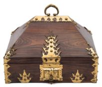 A Colonial coromandel wood and brass bound casket: of rectangular outline with hinged domed lid