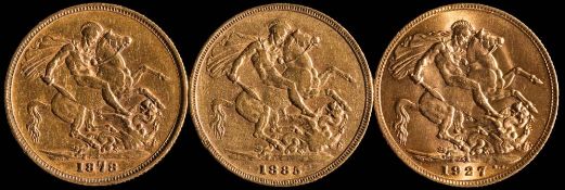 Two 'Young head' Victoria sovereigns dated 1878M and 1885M and a George V sovereign dated 1927SA.