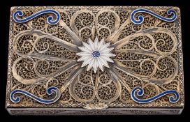 A Portuguese silver filigree and enamel card case, stamped marks,
