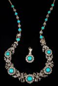 A turquoise and diamond mounted necklace: with 19th century circular clusters each with a central
