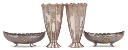 A pair of Middle Eastern silver sweetmeat dishes, stamped 94 silver : applied crest,