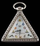 An early 20th century silver triangular Masonic pocket watch: the mother-of-pearl dial with 'Love