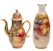 A Royal Worcester fruit painted vase and a similar miniature coffee pot and cover: painted with