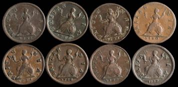 George II a collection of eight farthings: various dates include 1730,1732,1733,1734, 1735,