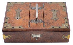 A late Victorian walnut and brass mounted cigar box: of rectangular outline,