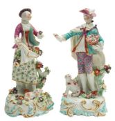 A pair of Derby figures of 'The Dresden Shepherds': the shepherdess wearing a puce coat,