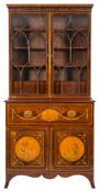 A 19th Century mahogany satinwood banded, inlaid and marquetry secretaire bookcase:,