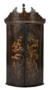 A late 18th Century green lacquer and gilt chinoiserie bow-fronted hanging corner cupboard:,