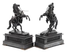 After Cousteau a pair of bronze figures of the Marley horsemen: each raised on a naturalistic base