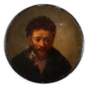A 19th century papier mache snuff box: the circular lid decorated with a portrait of a bearded