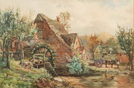 Oliver Baker [1856-1939]- The Watermill; farmstead with horse and wagon by an overshot mill,
