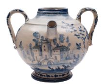 An Italian maiolica two-handled wet pharmacy jar: of globular form with upward-tilting spout and