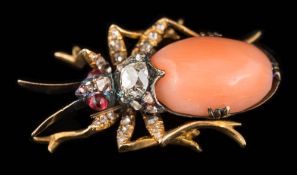 A 19th century coral, diamond and cabochon gem-set insect: with single-stone coral mounted body,