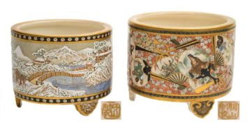 Two Japanese Satsuma cylindrical tripod koros: both finely enamelled and gilded,