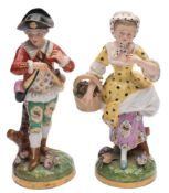 A pair of Continental porcelain figures: modelled as a huntsman and female companion with a basket
