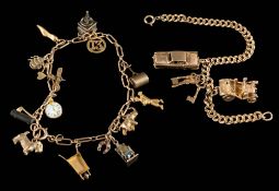 A double curb-link bracelet: with three 9ct gold charms and a bracelet with thirteen various