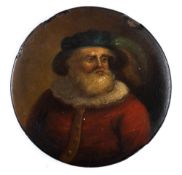 A 19th century papier mache snuff box: the circular lid decorated with a portrait of a gentleman