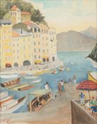 * Noel Coward [1899-1973]- Portofino; harbour view with figures on a quay and moored boats,