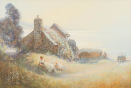 John White [1851-1933]- Mother and child on a Summer day, view to a farm cottage and bay beyond,