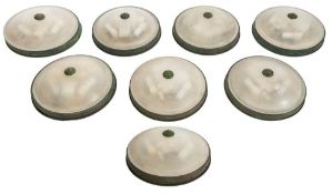 A group of eleven 20th Century circular frosted glass and brass plaffonier:,