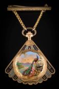An early 20th century lady's fan shaped enamel fob watch: the circular dial with Roman numerals,