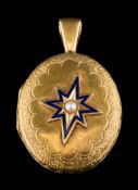 A 19th century enamelled oval locket: with central split-pearl-set star motif,