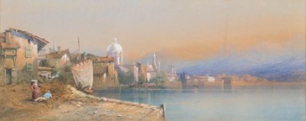 Edward Richardson [1812-1869]- A lake on the Continent, figures in the foreground,