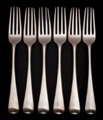 Six George III old English pattern silver dessert forks, maker John Hampston and John Prince, York,