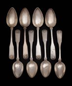 A set of seven mid 19th century Danish silver fiddle and shell tablespoons,