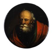 A 19th century papier mache snuff box: the circular lid decorated with a portrait of a bearded