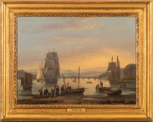 Thomas Luny [1759-1837]- Teignmouth; figures on a shore, coastal craft and Shaldon Bridge beyond,