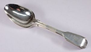 A set of six Victorian silver fiddle and thread pattern tablespoons, maker Joseph & Albert Savory,