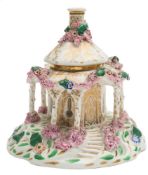 A Chamberlain's Worcester pastille burner: in the form of an octagonal rustic cottage encrusted
