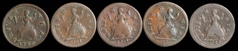 George I, four farthings: with varieties, together with a George II 1739/5 farthing, (5).
