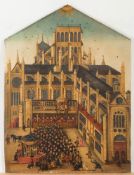 British School 19th Century- The Old St Paul's Cross, London- oil on shaped panel 43 x 32cm,
