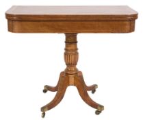 A Regency mahogany and inlaid rectangular card table:, bordered with boxwood and ebonised lines,