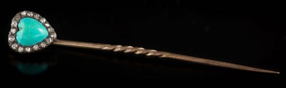 A turquoise and rose diamond heart-shaped stick pin: approximately 60mm total length.