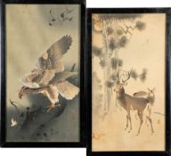 Two Japanese prints on silk: one depicting an Eagle perched on a tree stump,