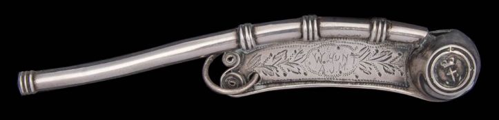 A Victorian silver bosun's whistle, maker Hilliard & Thomason, Birmingham, 1890: initialled,