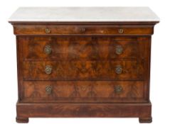 A 19th Century French mahogany rectangular commode:, with a white variegated marble top,