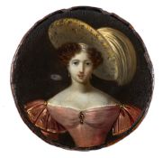 A 19th century papier mache snuff box: the circular lid decorated with a portrait of a young lady