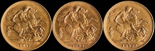 Three Victorian sovereigns; 'Young head' dated 1887S,