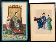 Two late 19th century Chinese rice paintings of court scenes: one depicting a seated empress on a