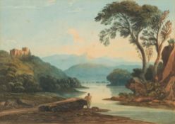 Circle of John Varley [19th Century]- Fisherman in a river valley,:- watercolour, 25 x 35cm.