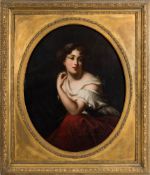 Follower of Guido Reni [19th Century]- Young woman in robes,:- oil on canvas oval, 80 x 64cm.