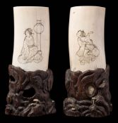 A Japanese carved ivory tusk vase: depicting bijins with lanterns, one is chasing away a bat,